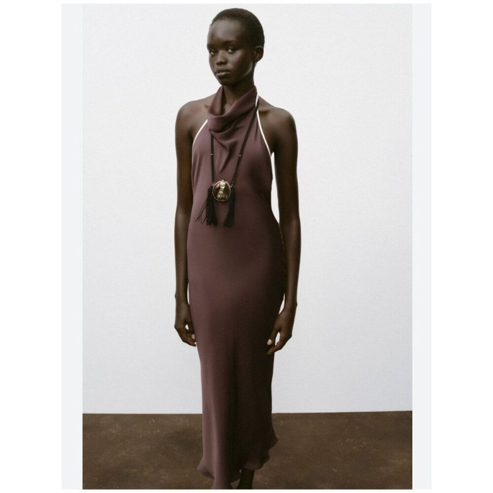 Zara Womens Midi Satin Dress Small Brown Draped Halter Neck 1165/179 NWT